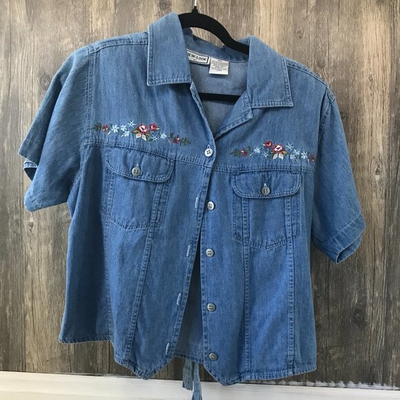 vintage New Look floral embroidered denim tie back button up top size S - Picture 1 of 6